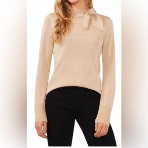 Women's Metallic Bow Tie Mock Neck Long Sleeve Sweater